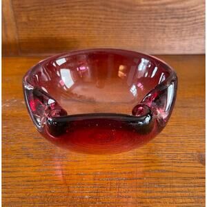 Vintage MCM Heavy Thick Art Glass Cranberry Red Glass Ashtray 2.25" Tall 5" Wide